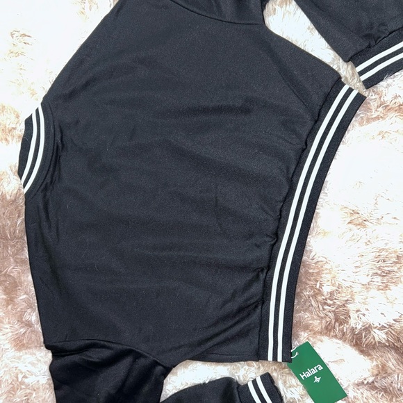 HALARA Black Button-Up Crop Bomber Varsity Jacket Striped Ribbed Trim LARGE NWT - Picture 5 of 8